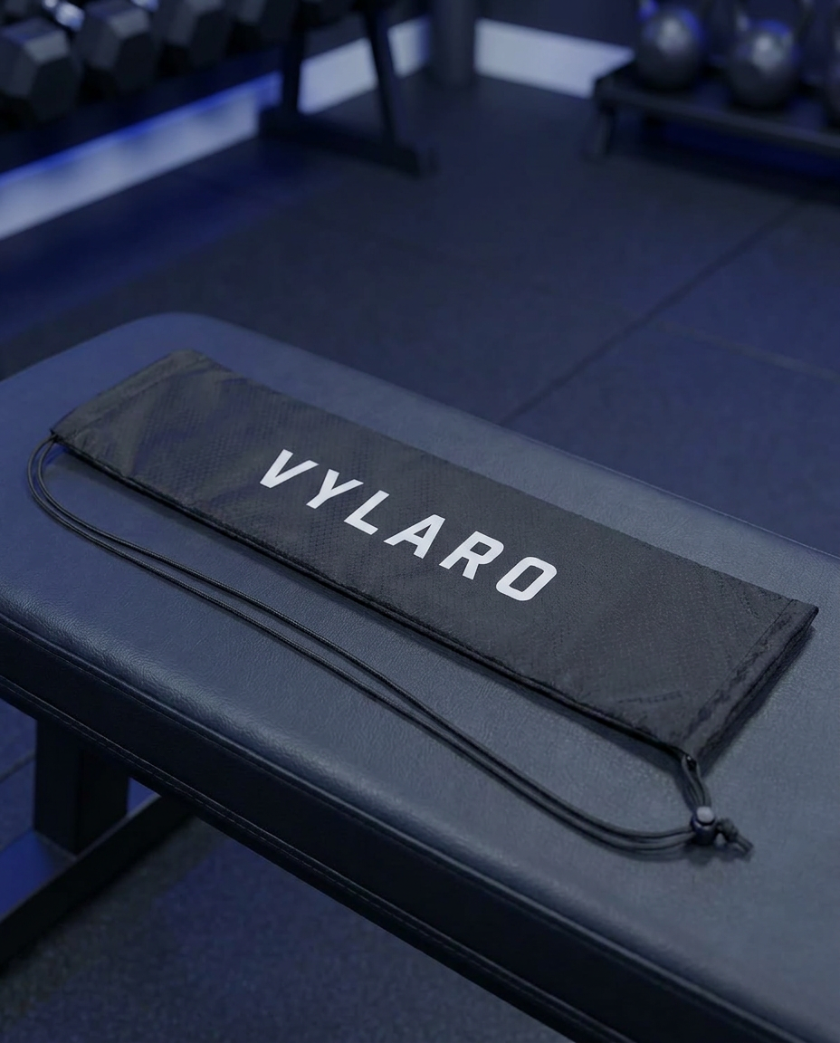 VYLARO Oxford drawstring bag on a gym bench