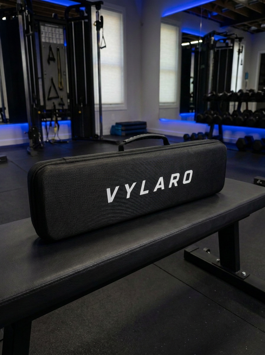 VYLARO premium hard carrying case resting on a gym bench